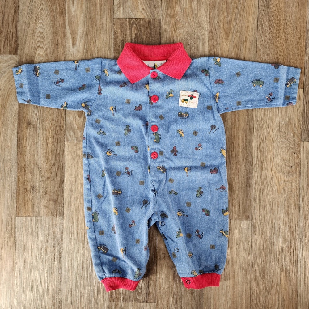 Small Steps Vintage Baby Romper Blue Transportation Print Red Collar 6-9 Months
